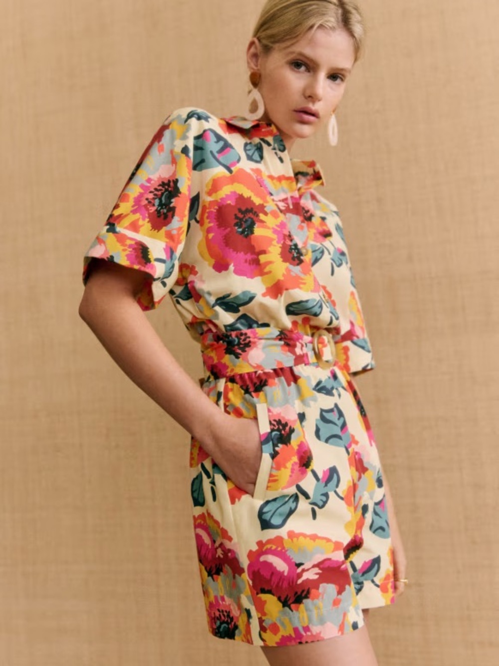 Sz 40 / 8 Sezane x Momonì Joan Jumpsuit romper shorts floral short sleeve pocket - Picture 2 of 13